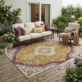 5' X 8' Walnut And Orange Medallion Washable Indoor Outdoor Area Rug