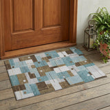 3' X 5' Teal Blue And Blue Geometric Washable Indoor Outdoor Area Rug