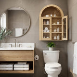 32" Natural Wood Wall Mounted Glass Panel Inlay Four Door Bathroom Cabinet