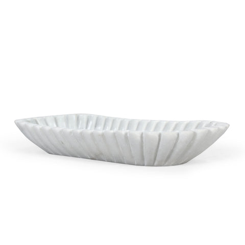 14" White Marble Fluted Oblong Tray