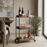 28" Silver Metal and Solid Wood Distressed Rolling Bar Cart