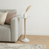 26" White and Brown Marble and Solid Wood Round Pedestal End Table