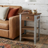 32" Brown and Silver Distressed Solid Wood and Steel End Table With Drawer And Two Shelves