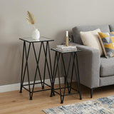 Set of Two Silver and Black Mirrored Glass and Steel Square Frame Nested Tables