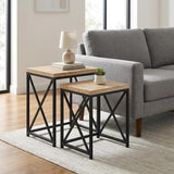 Set of Two Light Brown and Black Distressed Solid Wood and Steel Nested Tables