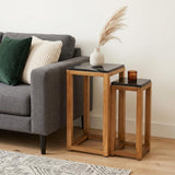 Set of Two Black and Brown Distressed Marble and Solid Wood Square Frame Nested Tables