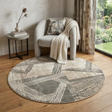 5' Tan And White Abstract Washable Round Rug With UV Protection