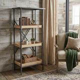 49" Brown Distressed Metal And Wood Three Tier Etagere Bookcase