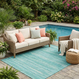 5' X 8' Aqua And Teal Blue Striped Washable Indoor Outdoor Area Rug