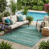 5' X 8' Teal Blue And Green Striped Washable Indoor Outdoor Area Rug