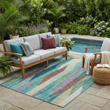 5' X 8' Teal Blue And Turquoise Striped Washable Indoor Outdoor Area Rug