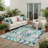 5' X 8' Teal Blue And Turquoise Tribal Washable Indoor Outdoor Area Rug