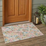 3' X 5' Pink And Tan Floral Washable Indoor Outdoor Area Rug