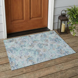 3' X 5' Teal Blue And Silver Floral Washable Indoor Outdoor Area Rug