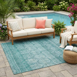 5' X 8' Aqua And Teal Blue Tribal Washable Indoor Outdoor Area Rug
