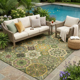 5' X 8' Green And Olive Green Patchwork Washable Indoor Outdoor Area Rug