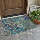 3' X 5' Teal Blue And Turquoise Patchwork Washable Indoor Outdoor Area Rug