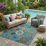 5' X 8' Teal Blue And Turquoise Patchwork Washable Indoor Outdoor Area Rug