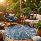 8' Denim Blue And Blue Round Abstract Washable Indoor Outdoor Area Rug