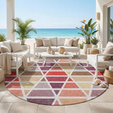 8' Red And White Round Geometric Washable Indoor Outdoor Area Rug