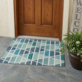 3' X 5' Teal Blue And White Geometric Washable Indoor Outdoor Area Rug