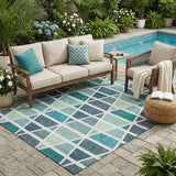 5' X 8' Teal Blue And White Geometric Washable Indoor Outdoor Area Rug