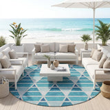 8' Teal Blue And Turquoise Round Geometric Washable Indoor Outdoor Area Rug