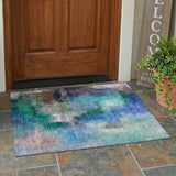 3' X 5' Teal Blue And Pewter Abstract Washable Indoor Outdoor Area Rug