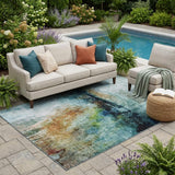 5' X 8' Teal Blue And Silver Abstract Washable Indoor Outdoor Area Rug