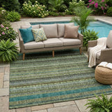 5' X 8' Green And Olive Green Striped Washable Indoor Outdoor Area Rug