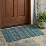 3' X 5' Teal Blue And Graphite Striped Washable Indoor Outdoor Area Rug