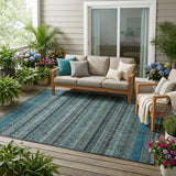5' X 8' Teal Blue And Graphite Striped Washable Indoor Outdoor Area Rug