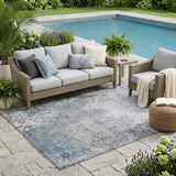 5' X 8' Blue And Pewter Abstract Washable Indoor Outdoor Area Rug