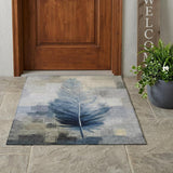 3' X 5' Blue And Pewter Botanical Leaves Washable Indoor Outdoor Area Rug