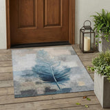 3' X 5' Teal Blue And Pewter Botanical Leaves Washable Indoor Outdoor Area Rug