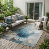 5' X 8' Teal Blue And Pewter Botanical Leaves Washable Indoor Outdoor Area Rug