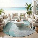 8' Aqua And Teal Blue Round Geometric Washable Indoor Outdoor Area Rug