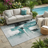 5' X 8' Teal Blue And Silver Abstract Washable Indoor Outdoor Area Rug