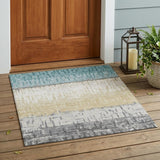 3' X 5' Teal Blue And Pewter Striped Washable Indoor Outdoor Area Rug