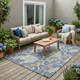 5' X 8' Blue And Gray Botanical Leaves Washable Indoor Outdoor Area Rug