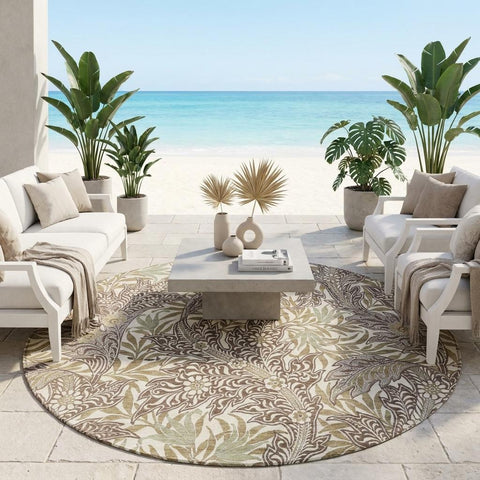 8' Coffee And Brown Round Botanical Leaves Washable Indoor Outdoor Area Rug