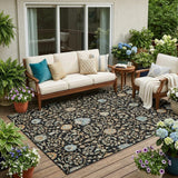 5' X 8' Black And Graphite Floral Washable Indoor Outdoor Area Rug