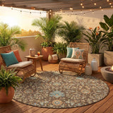8' Coffee And Brown Round Floral Washable Indoor Outdoor Area Rug