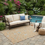 5' X 8' Copper And Orange Floral Washable Indoor Outdoor Area Rug
