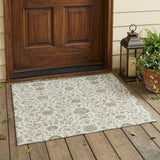 3' X 5' Ivory And Khaki Floral Washable Indoor Outdoor Area Rug