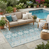 5' X 8' Aqua And Teal Blue Floral Medallion Washable Indoor Outdoor Area Rug