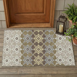 3' X 5' Brown And Pewter Floral Medallion Washable Indoor Outdoor Area Rug