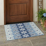 3' X 5' Blue And Pewter Floral Medallion Washable Indoor Outdoor Area Rug