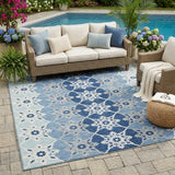 5' X 8' Blue And Pewter Floral Medallion Washable Indoor Outdoor Area Rug