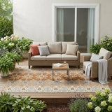 5' X 8' Copper And Orange Floral Medallion Washable Indoor Outdoor Area Rug